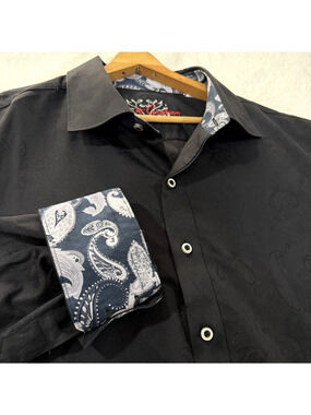 Robert Graham Mens XL Black Paisley Long Sleeve Button Contrast Trim Flip Cuff